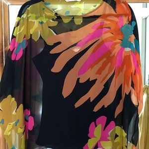 Trina Turk sheer flowy top in navy/floral.